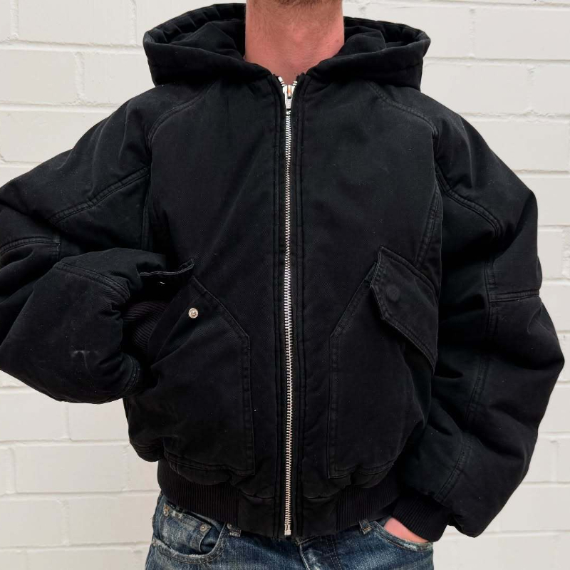 Vintage Zip Hoodie - Herren Oversized Gewaschene Canvas-Bomberjacke mit Kapuze,