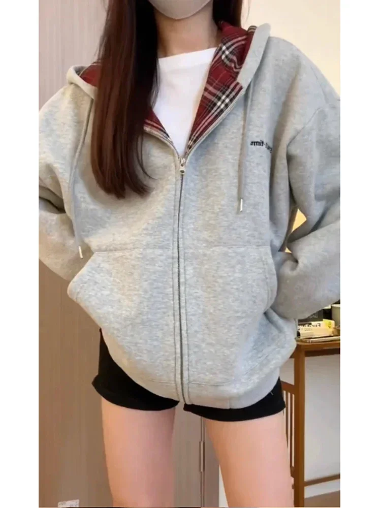 Vintage Zip Hoodie - Harajuku 90er Jahre Ästhetische Rot Plaid