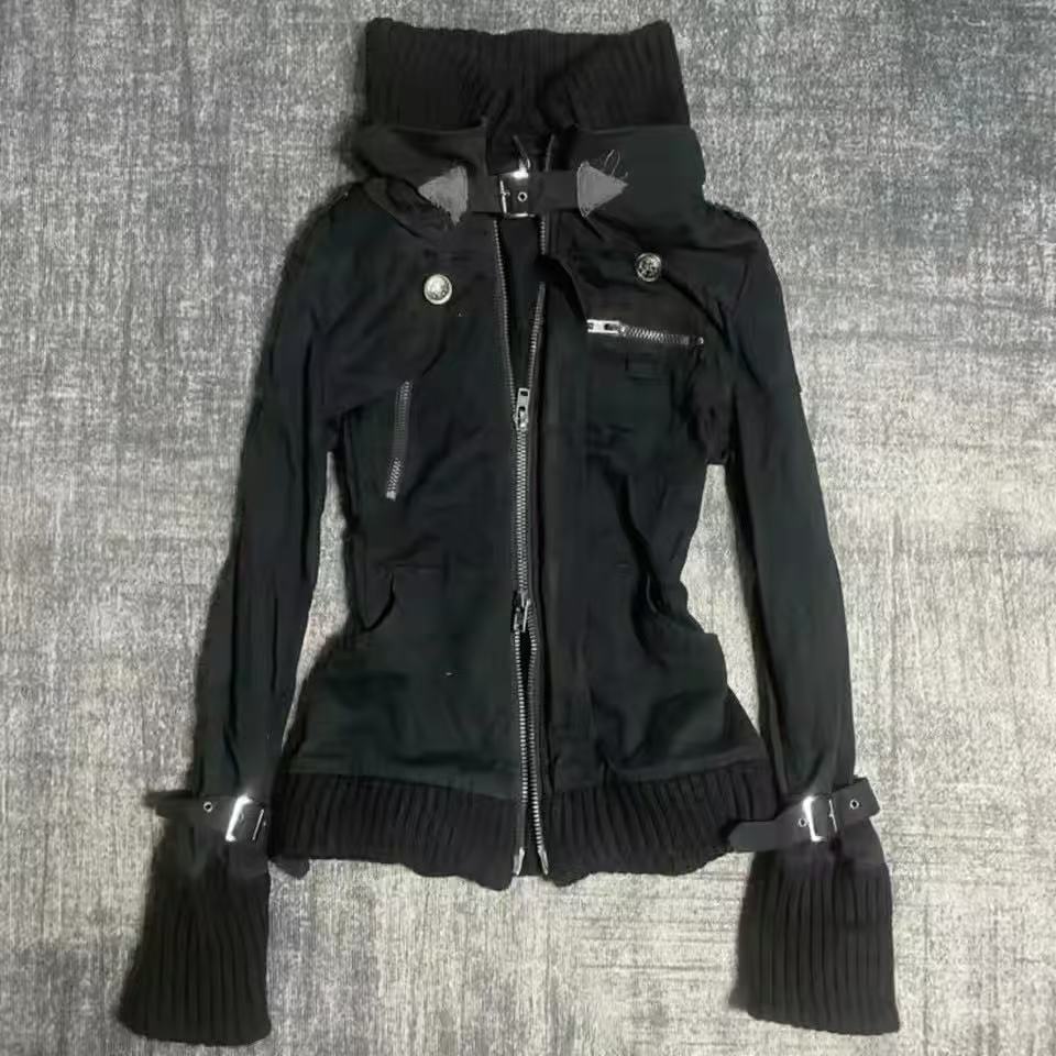 Vintage Zip Hoodie - Y2K Gothic Schwarzer Slim-Fit Hoodie mit